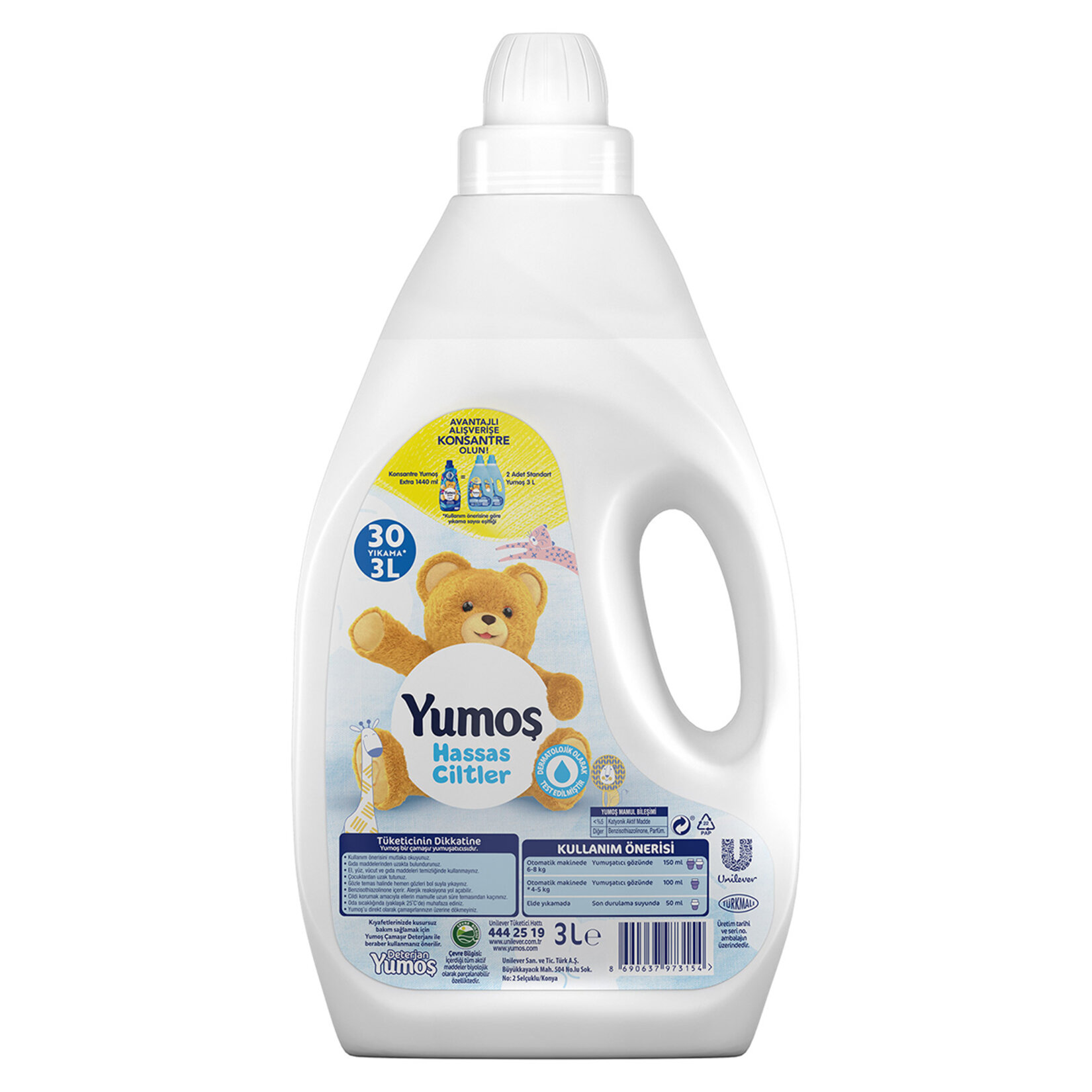 Yumoş Yumuşatıcı Hassas Ciltler İçin 3000 ML 30 Yıkama 